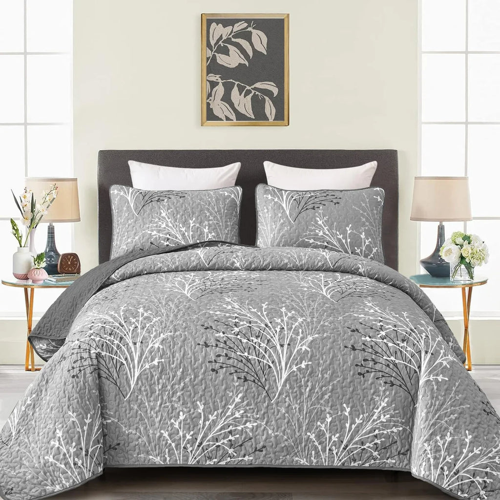 3 Piece Branch Botanical Pattern Bedspread Coverlet Set Soft Lightweight Microfiber Quilt Set for All Season