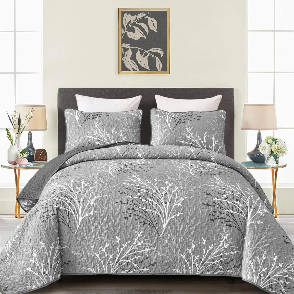 3 Piece Branch Botanical Pattern Bedspread Coverlet Set Soft Lightweight Microfiber Quilt Set for All Season