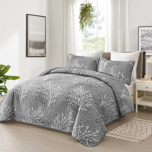 3 Piece Branch Botanical Pattern Bedspread Coverlet Set Soft Lightweight Microfiber Quilt Set for All Season