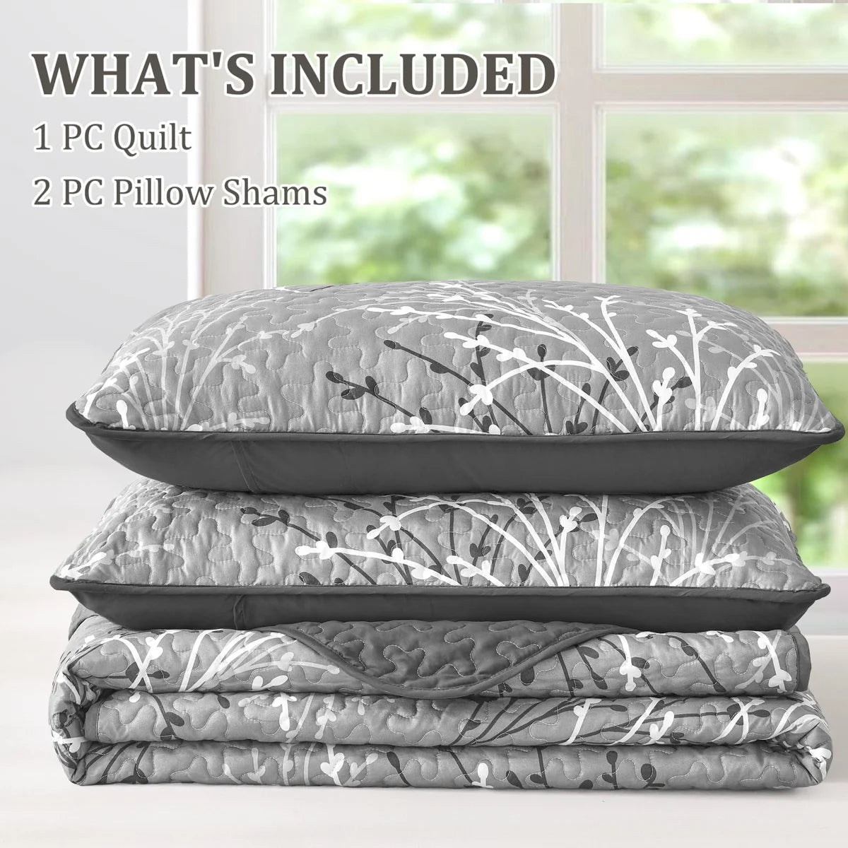 3 Piece Branch Botanical Pattern Bedspread Coverlet Set Soft Lightweight Microfiber Quilt Set for All Season
