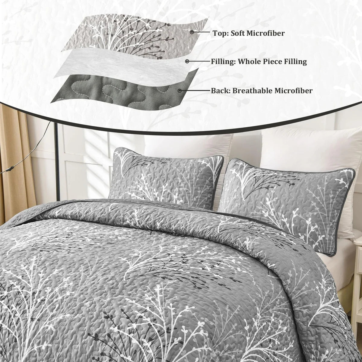 3 Piece Branch Botanical Pattern Bedspread Coverlet Set Soft Lightweight Microfiber Quilt Set for All Season