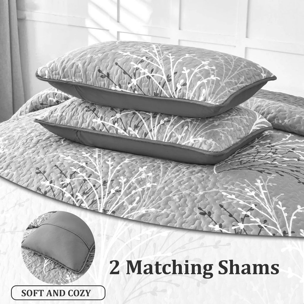 3 Piece Branch Botanical Pattern Bedspread Coverlet Set Soft Lightweight Microfiber Quilt Set for All Season