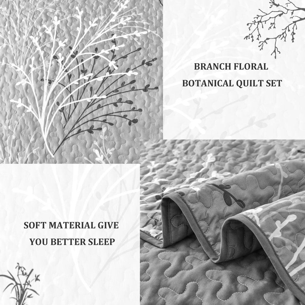 3 Piece Branch Botanical Pattern Bedspread Coverlet Set Soft Lightweight Microfiber Quilt Set for All Season