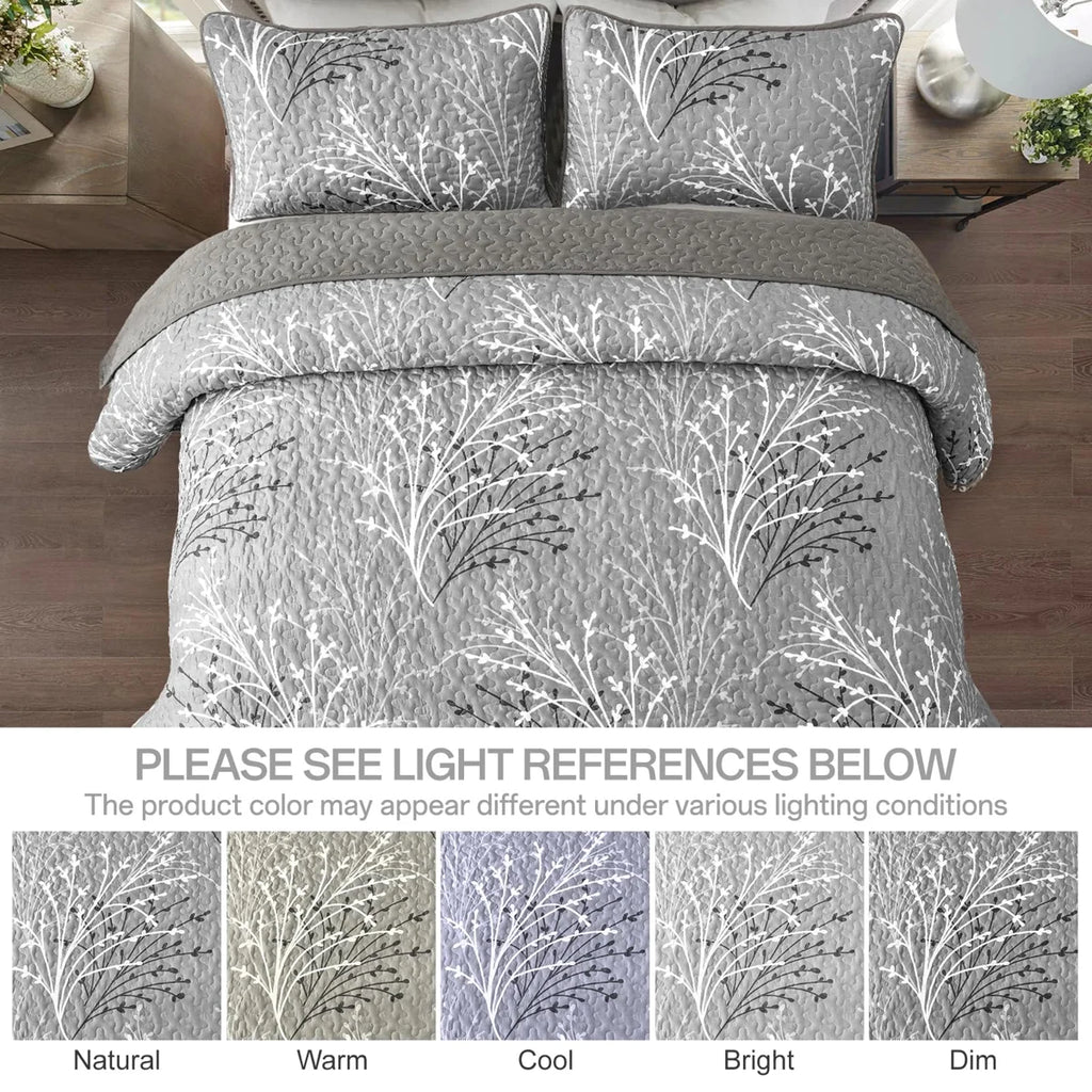 3 Piece Branch Botanical Pattern Bedspread Coverlet Set Soft Lightweight Microfiber Quilt Set for All Season